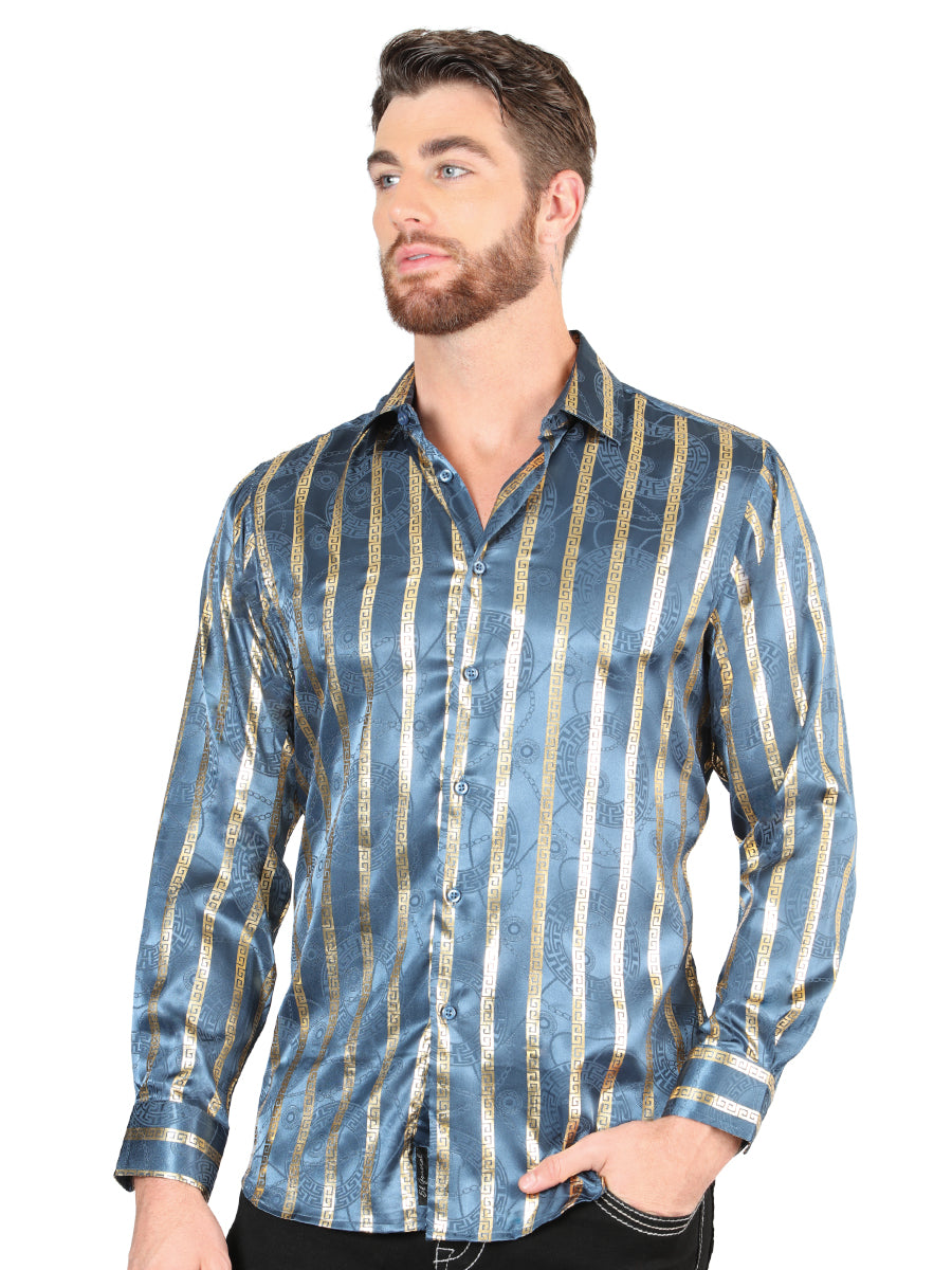 Teal Printed Long Sleeve Casual Shirt for Men 'The Lord of the Skies' - ID: 44580