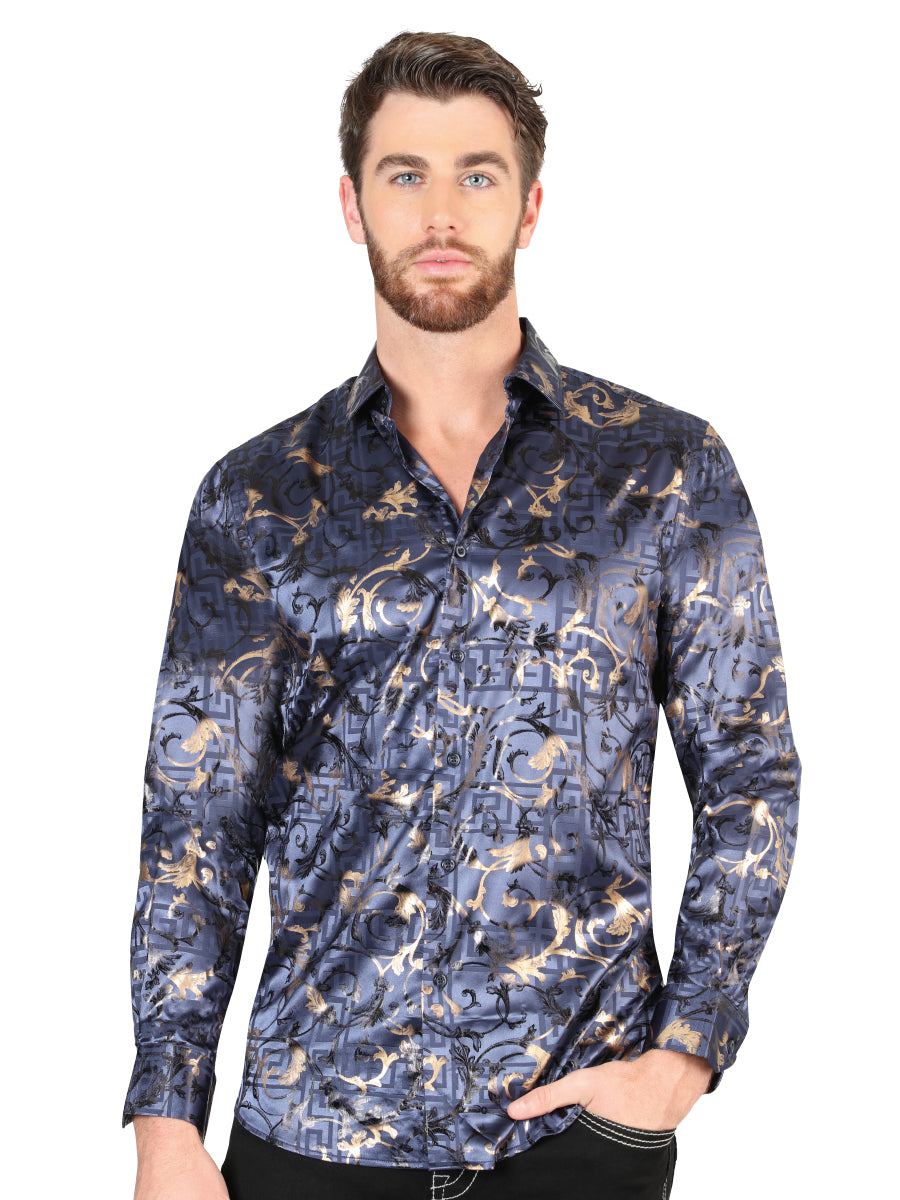 Navy Blue Printed Long Sleeve Casual Shirt for Men 'The Lord of the Skies' - ID: 44589