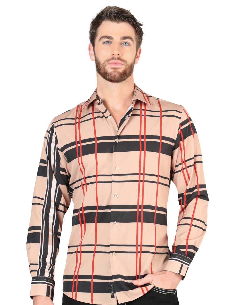 Khaki Checkered Printed Long Sleeve Casual Shirt for Men 'The Lord of the Skies' - ID: 44599