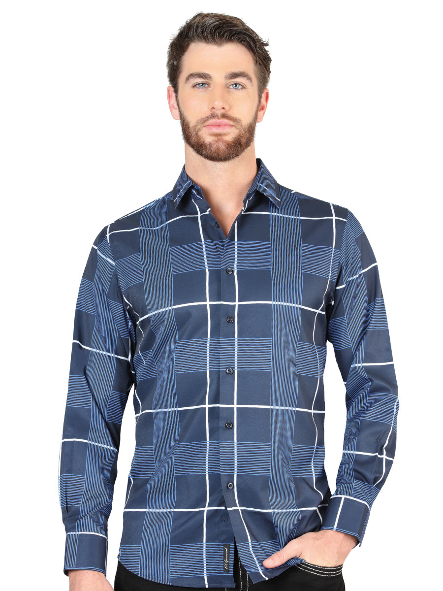 Blue Plaid Printed Long Sleeve Casual Shirt for Men 'The Lord of the Skies' - ID: 44600 The Lord of the Skies Blue Plaid Shirts