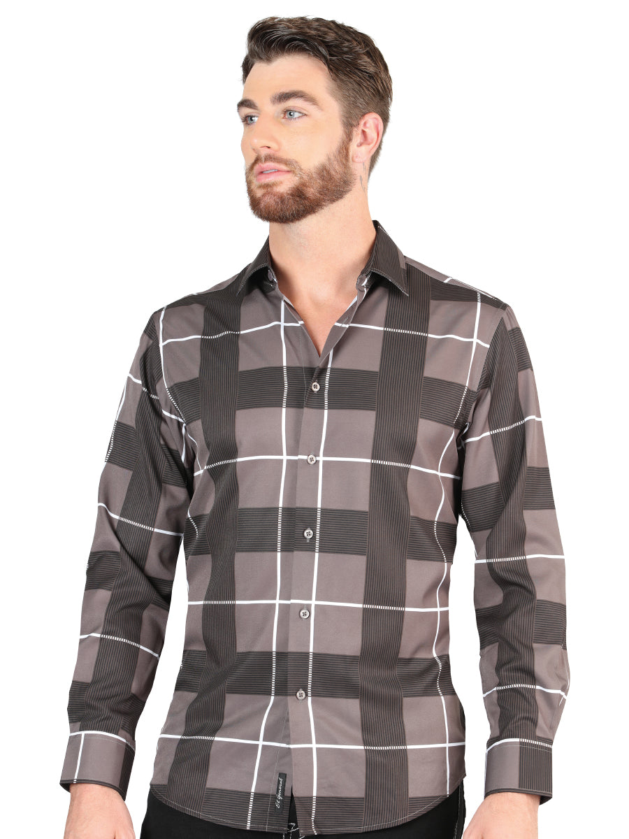 Gray Checkered Printed Long Sleeve Casual Shirt for Men 'The Lord of the Skies' - ID: 44602
