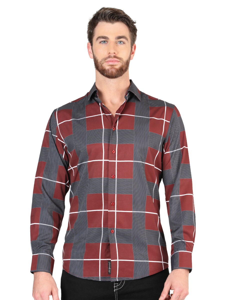 Burgandy Checkered Printed Long Sleeve Casual Shirt for Men 'The Lord of the Skies' - ID: 44603