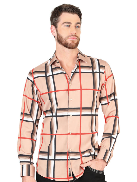 Khaki Checkered Printed Long Sleeve Casual Shirt for Men 'The Lord of the Skies' - ID: 44604