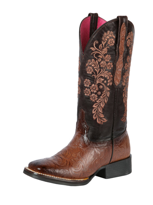 Women's Genuine Leather Floral Embossed Rodeo Cowboy Boots 'El General' - ID: 44633 Cowgirl Boots El General Cognac/Choco