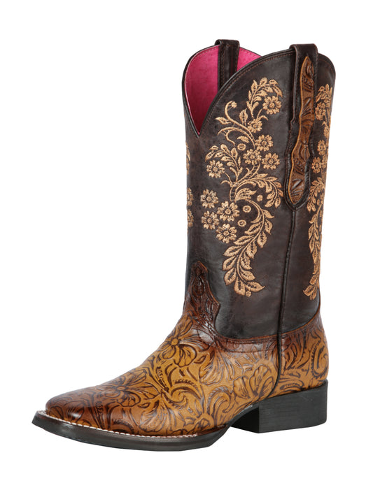 Women's Genuine Leather Floral Embossed Rodeo Cowboy Boots 'El General' - ID: 44634 Cowgirl Boots El General Orix Smoked