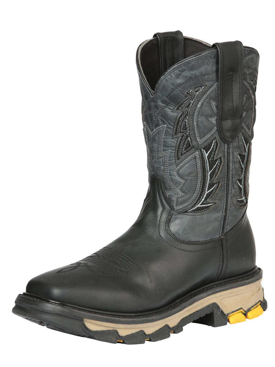 Men's Genuine Leather Soft Toe Pull-On Tube Rodeo Work Boots 'El General' - ID: 44694 Work Boots El General Black