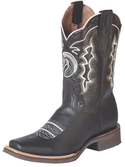 Botas Vaqueras Rodeo con Diseño Bordado de Piel Genuina para Hombre 'El General' - ID: 51118 Cowboy Boots El General Choco