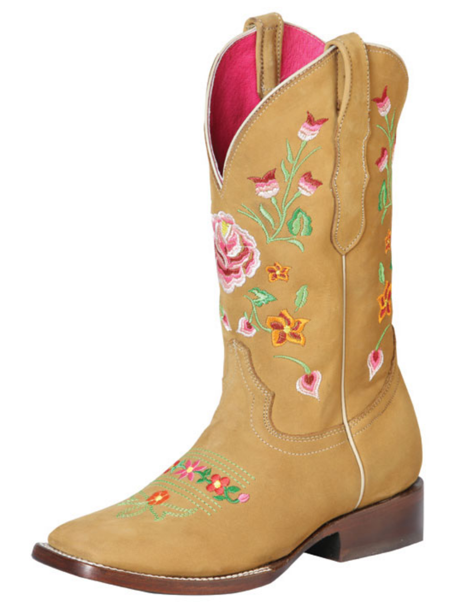 Rodeo Cowboy Boots with Nobuck Leather Flowers Embroidered Tube for Women 'El General' - ID: 51121