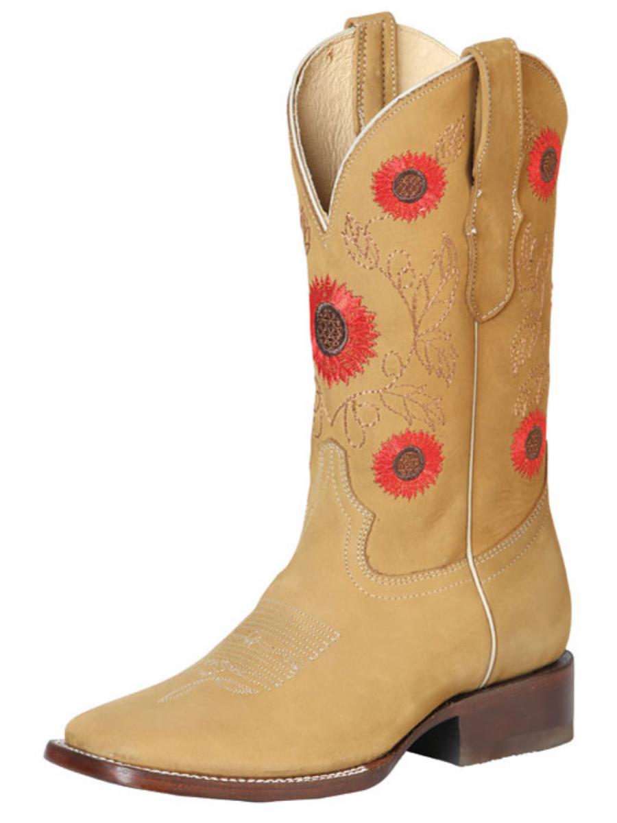 Rodeo Cowboy Boots with Nubuck Leather Flower Embroidered Tube for Women 'El General' - ID: 51125 Cowgirl Boots El General Miel