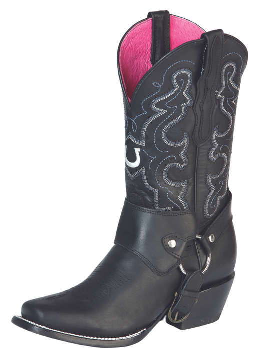 Botas Vaqueras Rodeo con Arnes de Piel Genuina para Mujer 'El General' - ID: 51135 Cowgirl Boots El General Negro