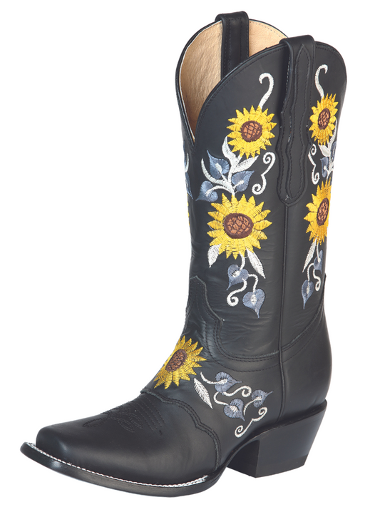 Rodeo Cowgirl Boots with Genuine Leather Sunflower Embroidered Tube for Women 'El General' - ID: 51140 Cowgirl Boots El General Black