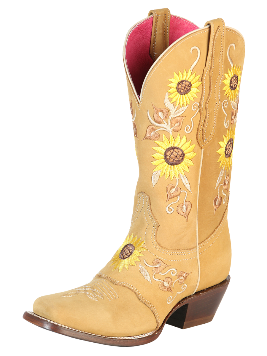 Rodeo Cowgirl Boots with Nubuck Leather Sunflower Embroidered Tube for Women 'El General' - ID: 51143 Cowgirl Boots El General Miel