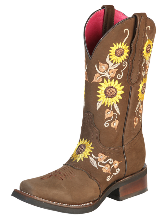 Rodeo Cowgirl Boots with Nubuck Leather Sunflower Embroidered Tube for Women 'El General' - ID: 51148 Cowgirl Boots El General Camel