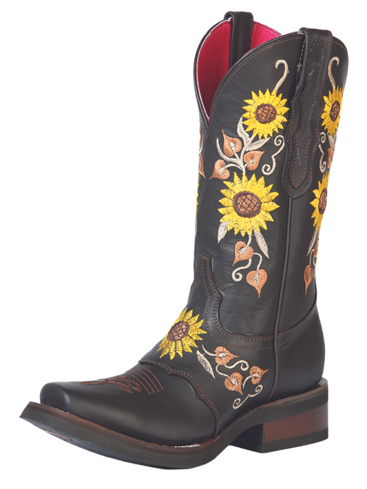 Rodeo Cowgirl Boots with Genuine Leather Sunflower Embroidered Tube for Women 'El General' - ID: 51149 Cowgirl Boots El General Choco