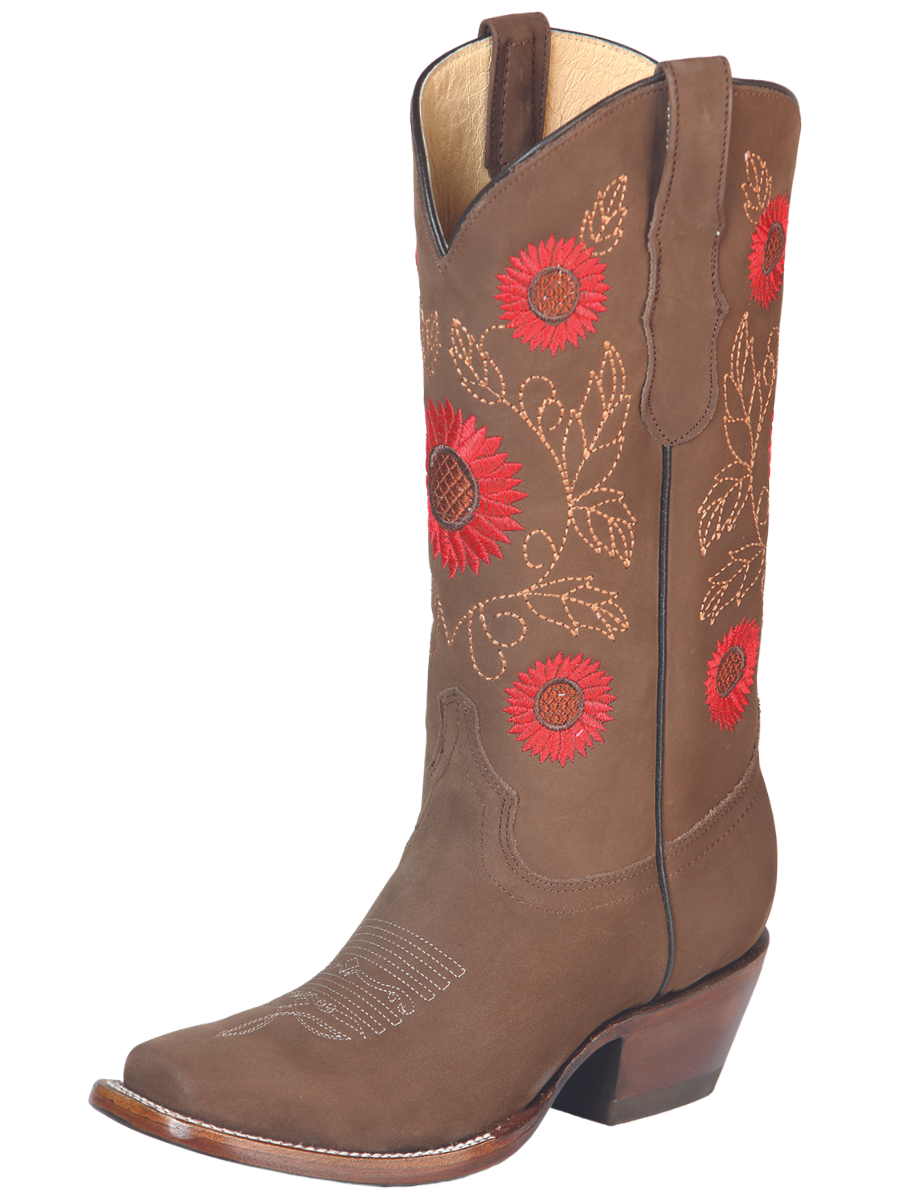 Rodeo Cowboy Boots with Nobuck Leather Flowers Embroidered Tube for Women 'El General' - ID: 51162