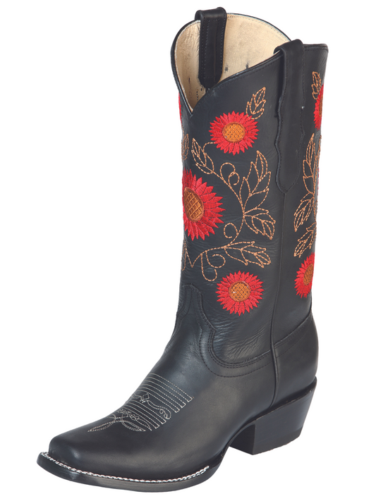 Rodeo Cowboy Boots with Genuine Leather Flower Embroidered Tube for Women 'El General' - ID: 51163 Cowgirl Boots El General Black