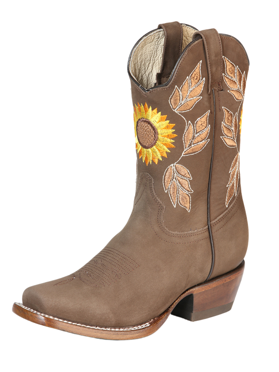 Rodeo Cowboy Boots with Nobuck Leather Flowers Embroidered Tube for Women 'El General' - ID: 51164