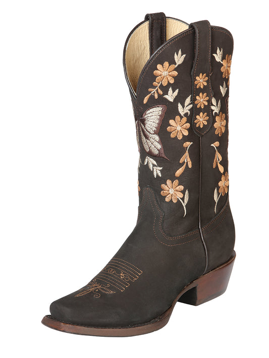 Rodeo Cowboy Boots with Nobuck Leather Flowers Embroidered Tube for Women 'El General' - ID: 51218