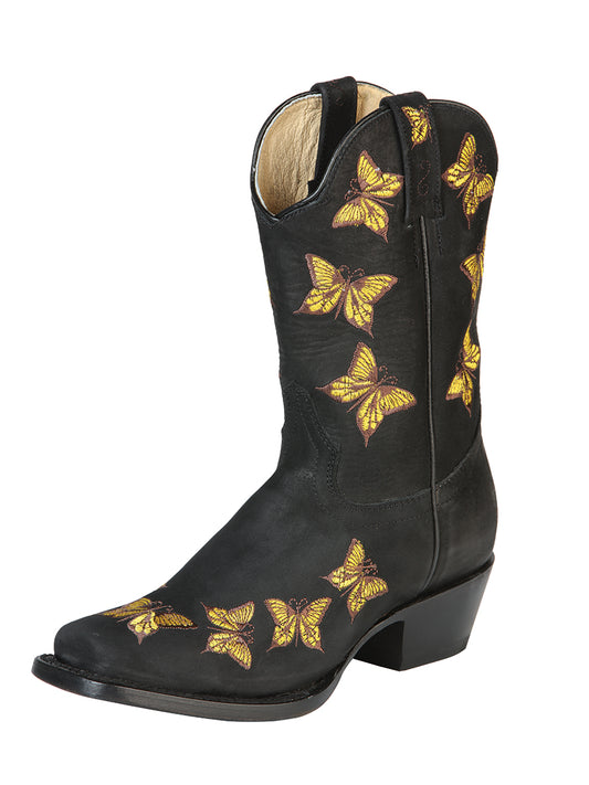Botas Vaqueras Rodeo con Bordado de Mariposas de Piel Nobuck para Mujer 'El General' - ID: 51220 Cowgirl Boots El General Negro