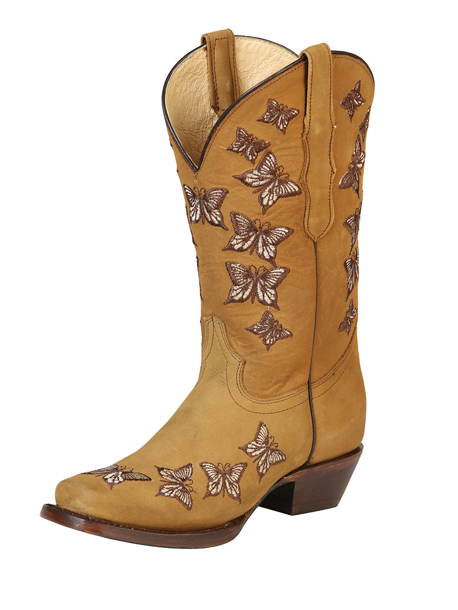 Rodeo Cowboy Boots with Nubuck Leather Butterflies Embroidered Tube for Women 'El General' - ID: 51222