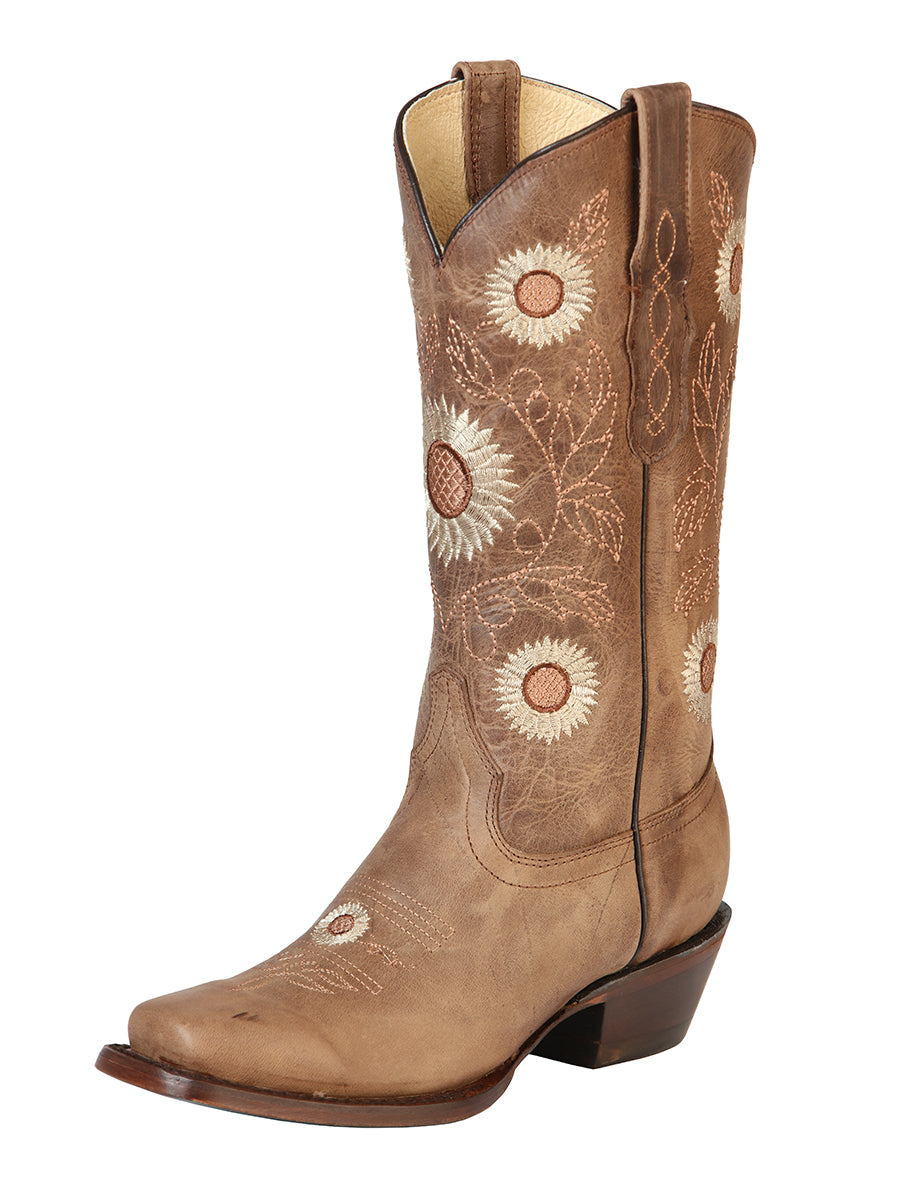 Rodeo Cowboy Boots with Genuine Leather Sunflower Embroidered Tube for Women 'El General' - ID: 51230