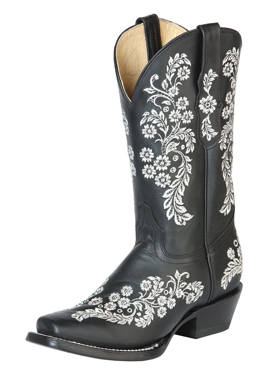 Rodeo Cowboy Boots with Genuine Leather Flower Embroidered Tube for Women 'El General' - ID: 51236 Cowgirl Boots El General Black