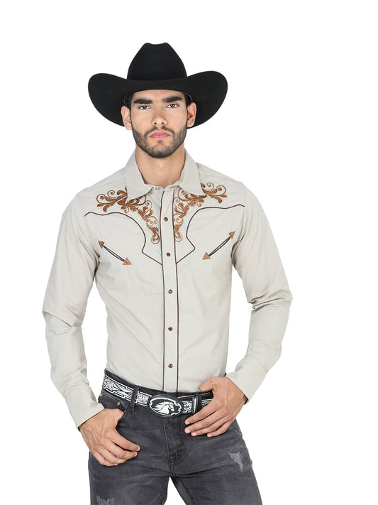 Embroidered Long Sleeve Khaki Denim Shirt for Men 'The Lord of the Skies' - ID: 123924
