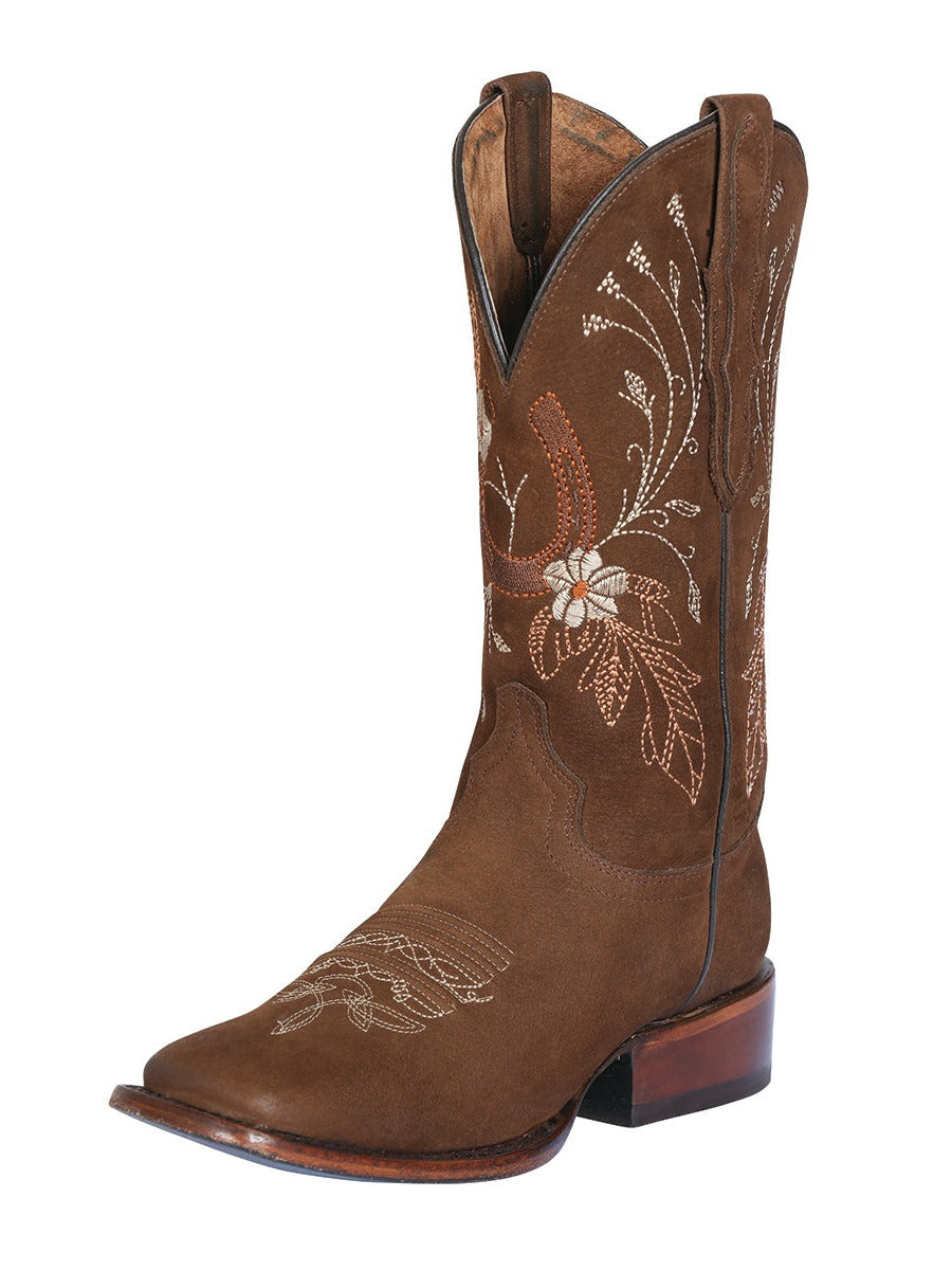 Rodeo Cowboy Boots with Nobuck Leather Flowers Embroidered Tube for Women 'Centenario' - ID: 124929