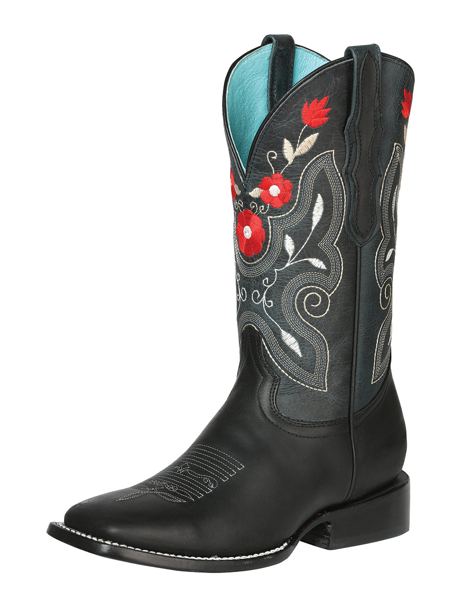 Rodeo Cowboy Boots with Genuine Leather Flower Embroidered Tube for Women 'El General' - ID: 125366 El General Genuine Leather Rodeo Boots Black