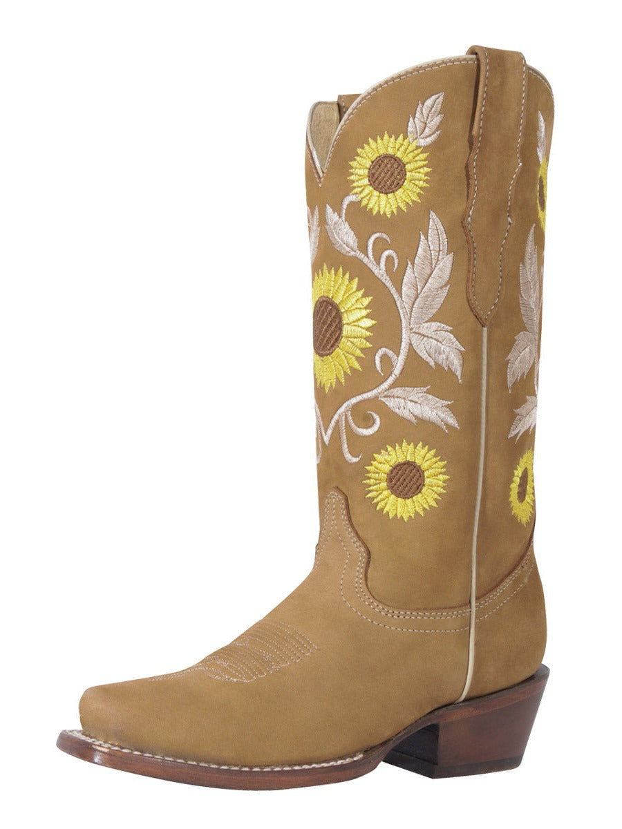 Retro Rodeo Cowboy Boots with Nobuck Leather Sunflower Embroidered Tube for Women 'Centenario' - ID: 125772