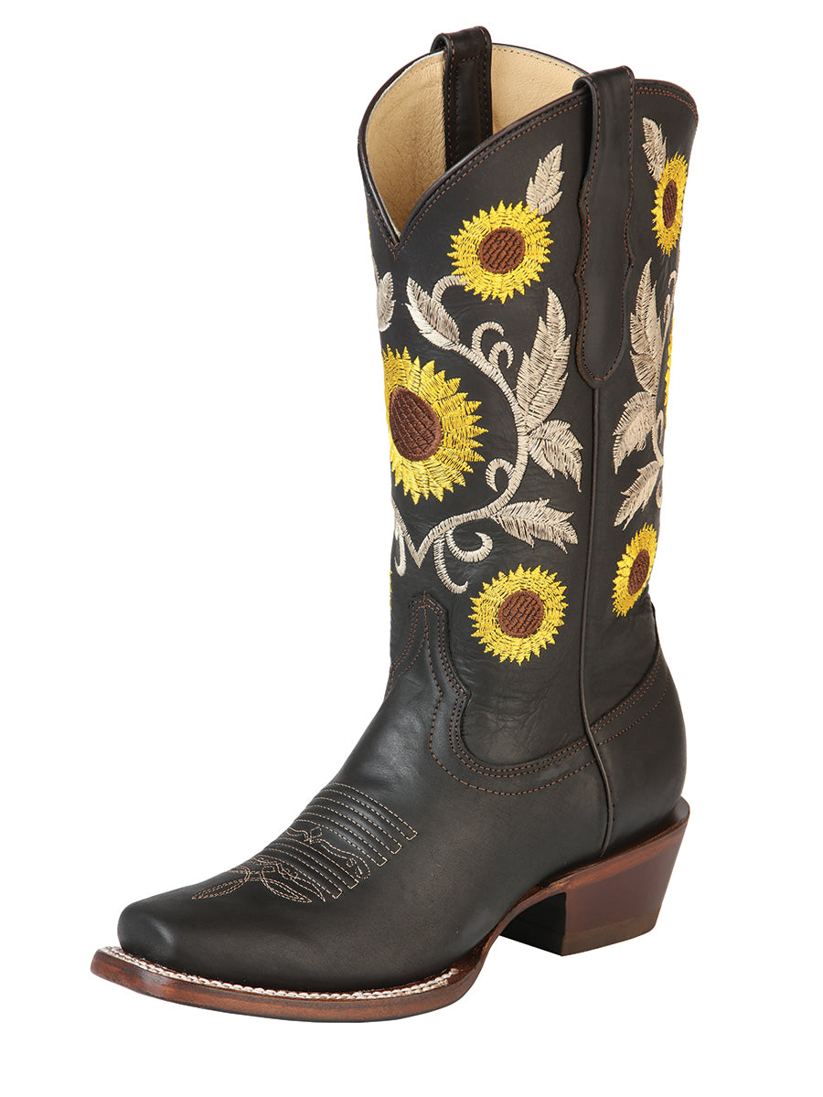 Rodeo Cowboy Boots with Genuine Leather Sunflower Embroidered Tube for Women 'Centenario' - ID: 125773