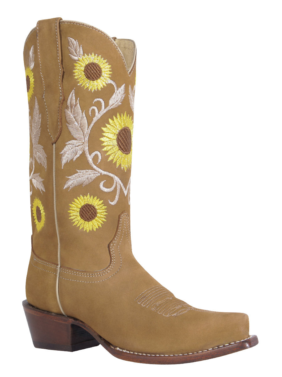 Retro Rodeo Cowboy Boots with Nobuck Leather Sunflower Embroidered Tube for Women 'Centenario' - ID: 125776