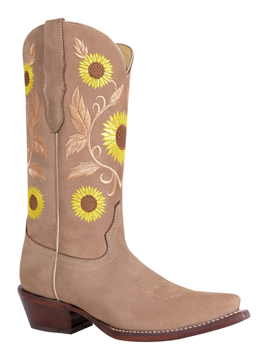 Retro Rodeo Cowboy Boots with Nobuck Leather Sunflower Embroidered Tube for Women 'Centenario' - ID: 125778