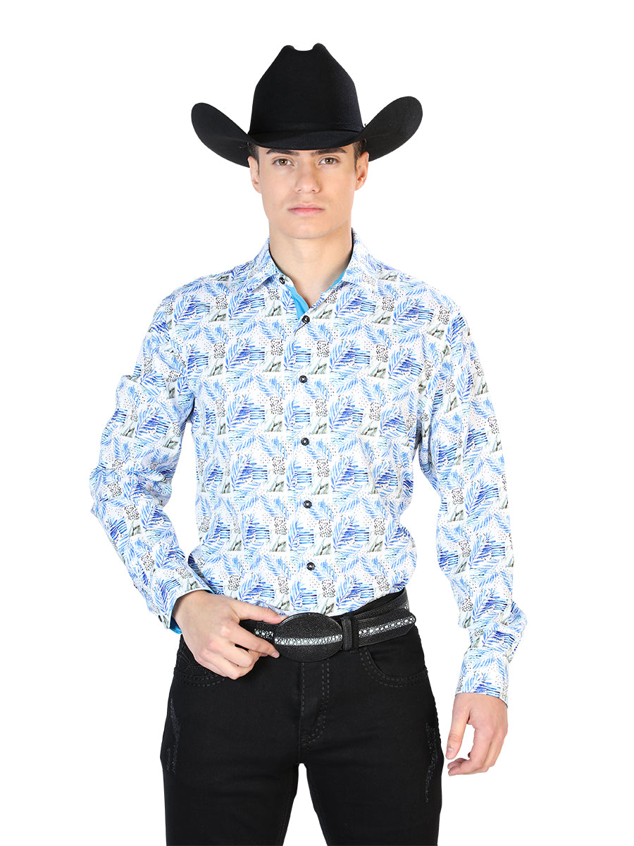 White Printed Long Sleeve Denim Shirt for Men 'The Lord of the Skies' - ID: 126277