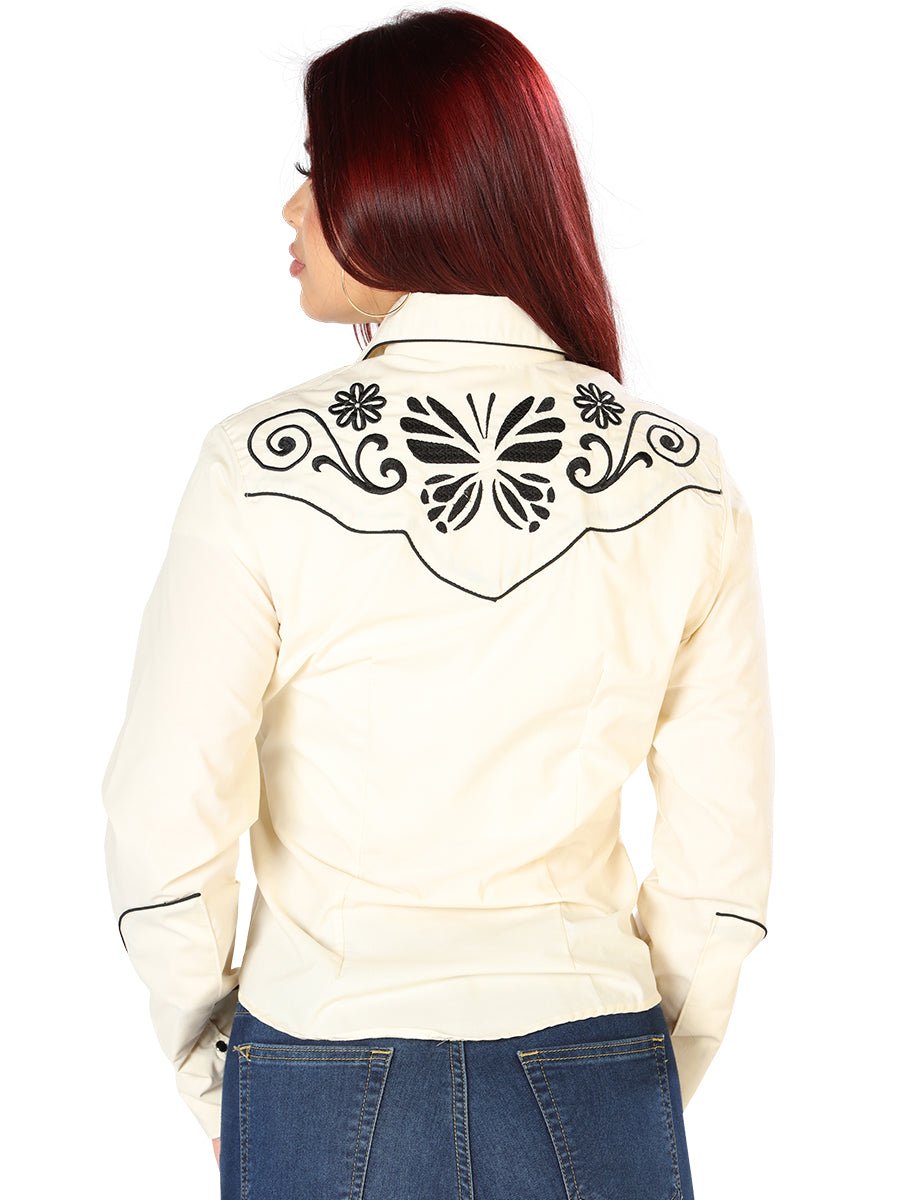 Beige Embroidered Long Sleeve Denim Shirt for Women 'The Lord of the Skies' - ID: 126548