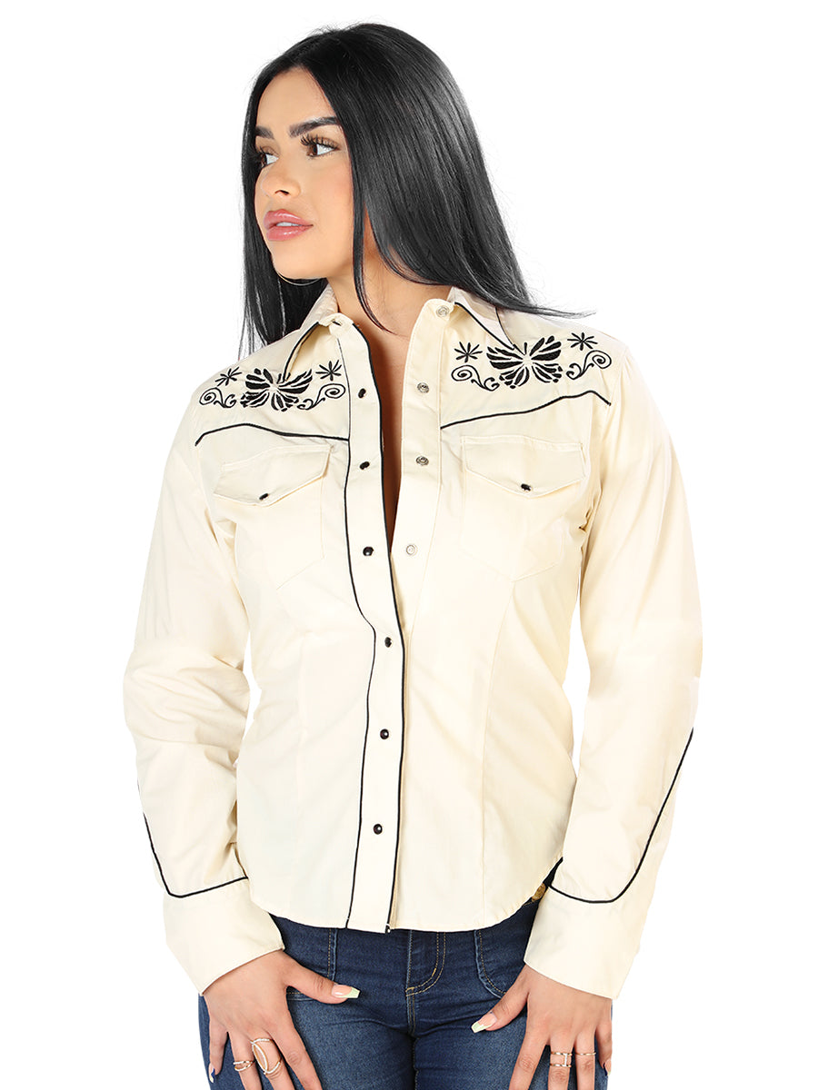 Beige Embroidered Long Sleeve Denim Shirt for Women 'The Lord of the Skies' - ID: 126548