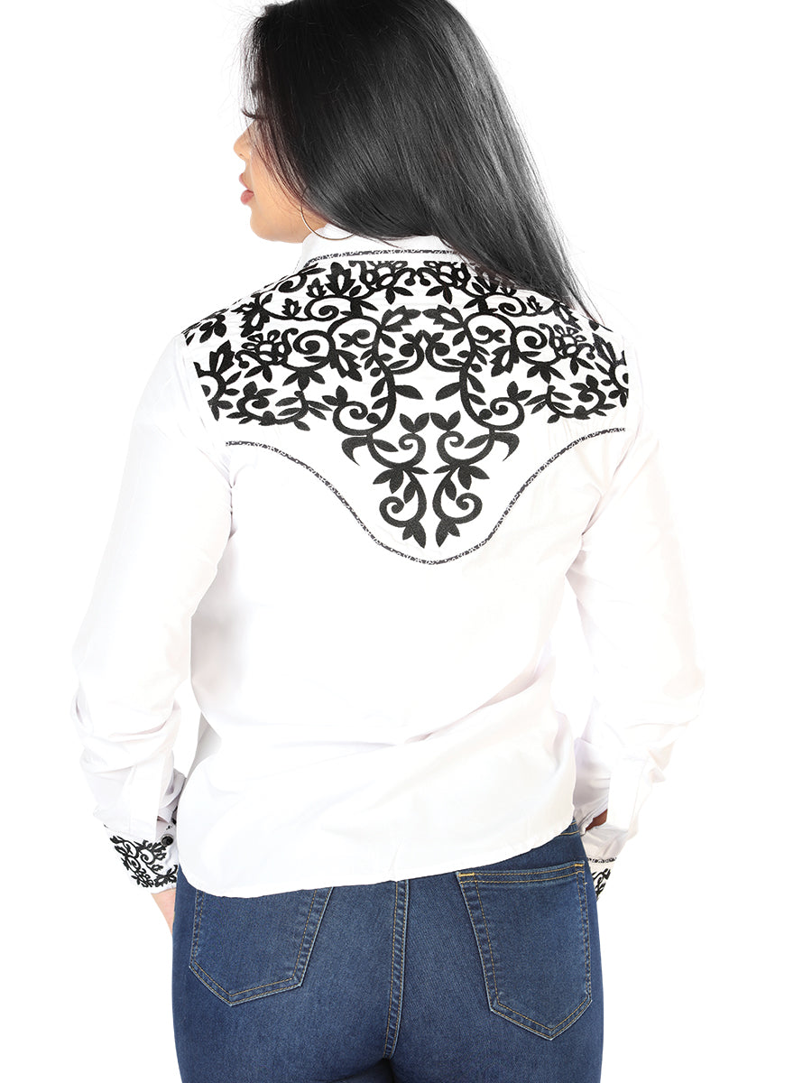 White Embroidered Long Sleeve Denim Shirt for Women 'The Lord of the Skies' - ID: 126669