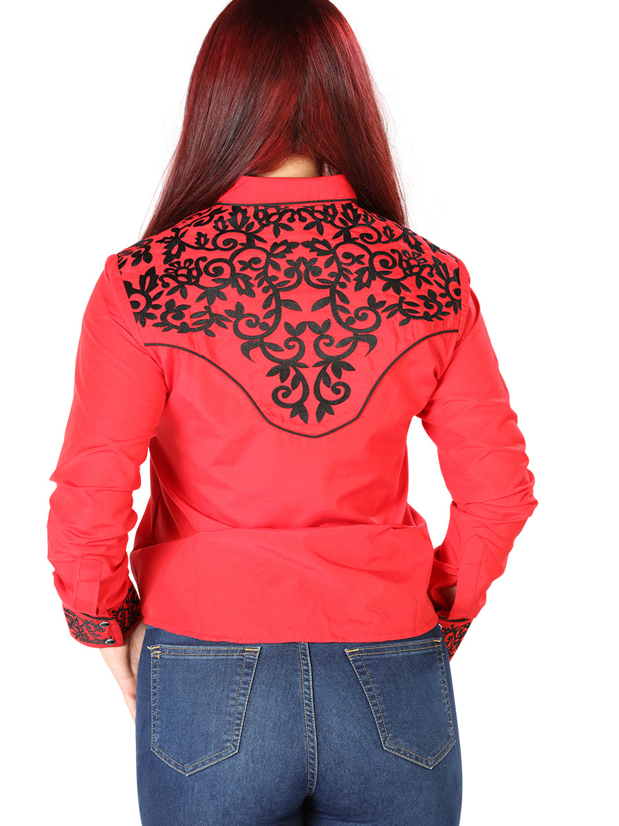 Red Embroidered Long Sleeve Denim Shirt for Women 'El Señor de los Cielos' - ID: 126670 Western Shirt El Señor de los Cielos