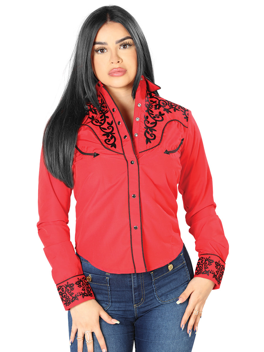 Red Embroidered Long Sleeve Denim Shirt for Women 'The Lord of the Skies' - ID: 126670