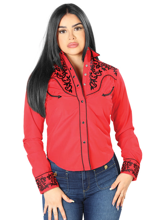 Camisa Vaquera Manga Larga Bordada Rojo para Mujer 'El Señor de los Cielos' - ID: 126670 Camisas Bordadas El Señor de los Cielos Red