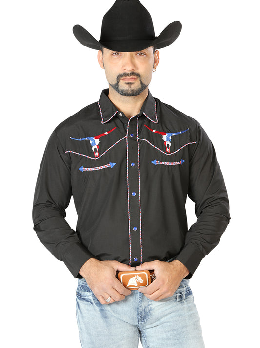 Black Long Sleeve Embroidered Denim Shirt for Men 'The Lord of the Skies' - ID: 126671