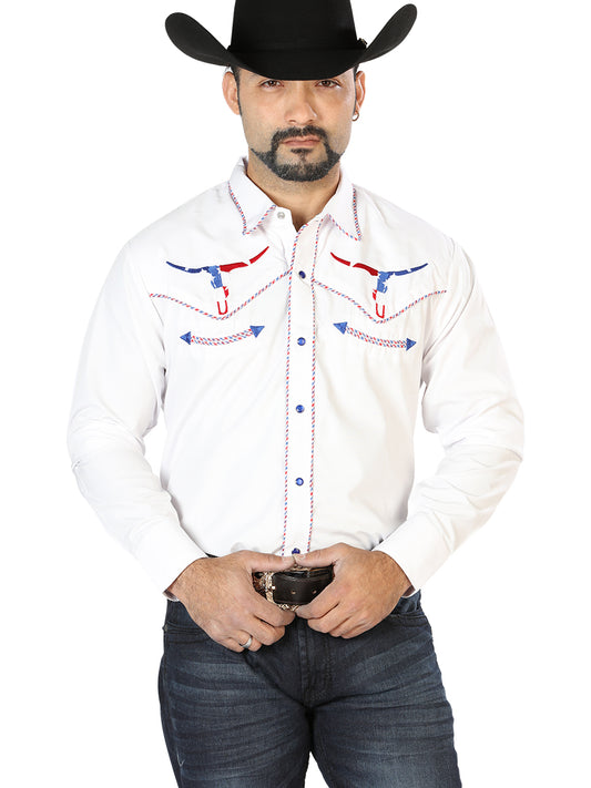 White Long Sleeve Embroidered Denim Shirt for Men 'The Lord of the Skies' - ID: 126672