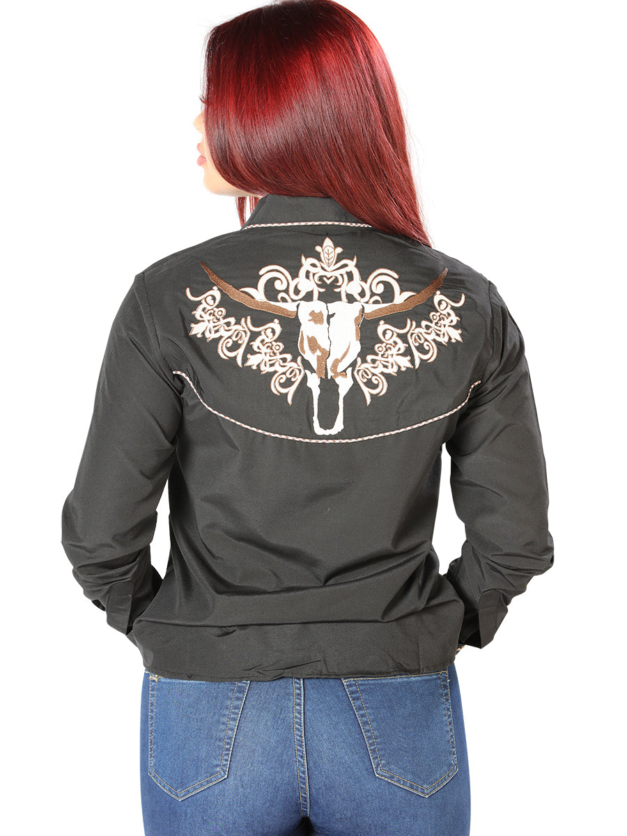 Black Embroidered Long Sleeve Denim Shirt for Women The Lord of the Skies ID 126673