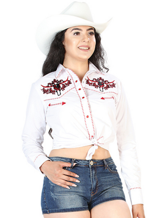 White Embroidered Long Sleeve Denim Shirt for Women 'The Lord of the Skies' - ID: 126674