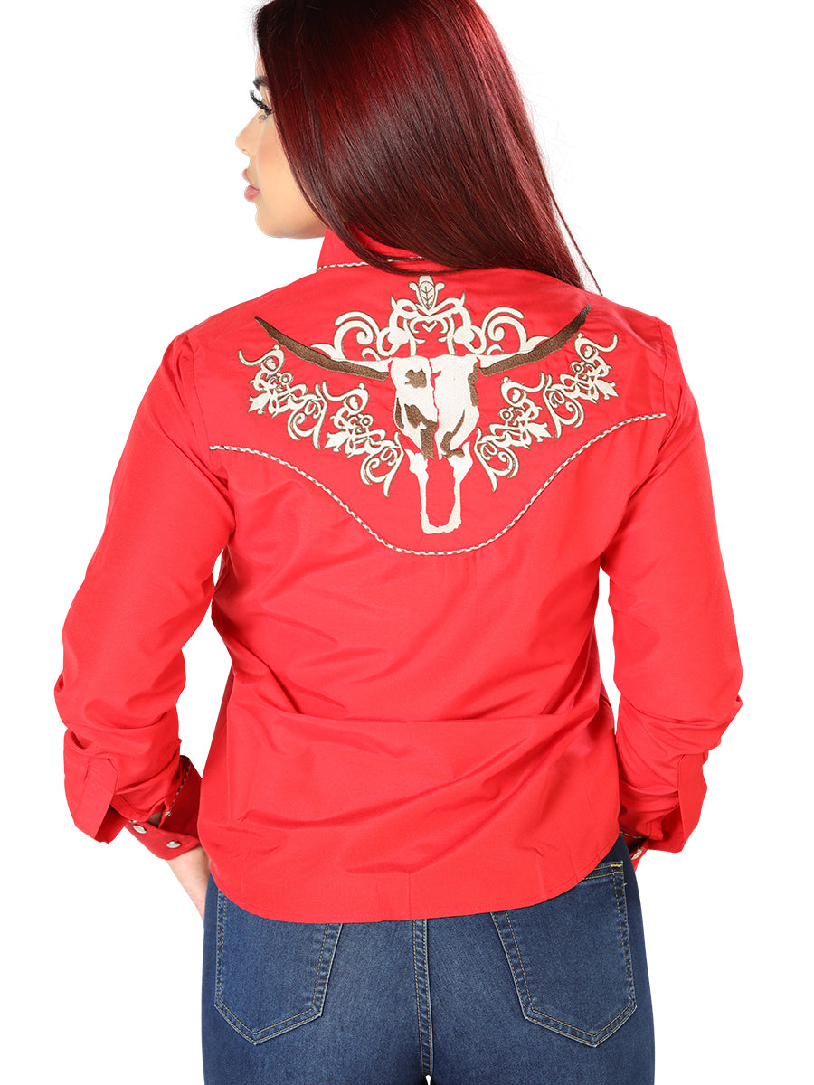 Camisa Vaquera Manga Larga Bordada Rojo para Mujer El Senor de los Cielos ID 126675