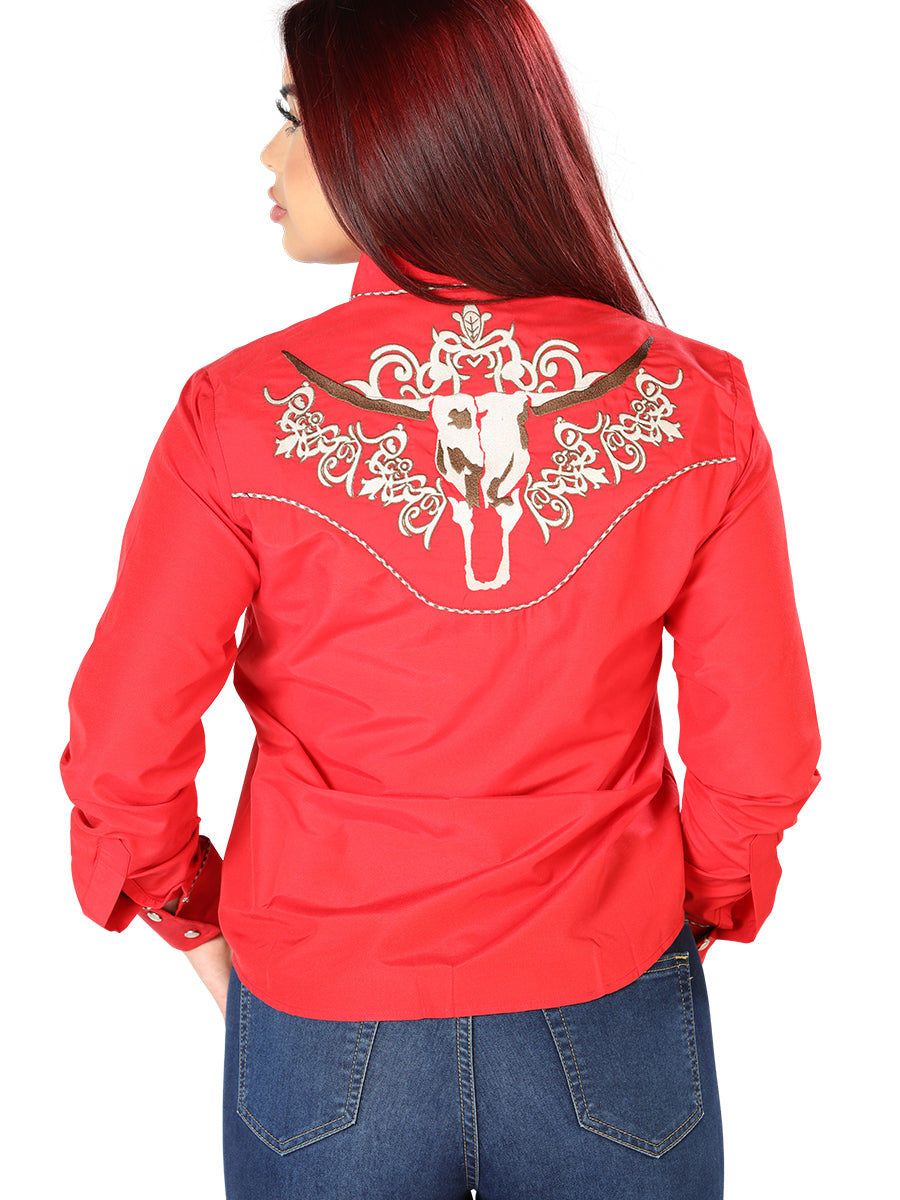 Red Embroidered Long Sleeve Denim Shirt for Women 'The Lord of the Skies' - ID: 126675