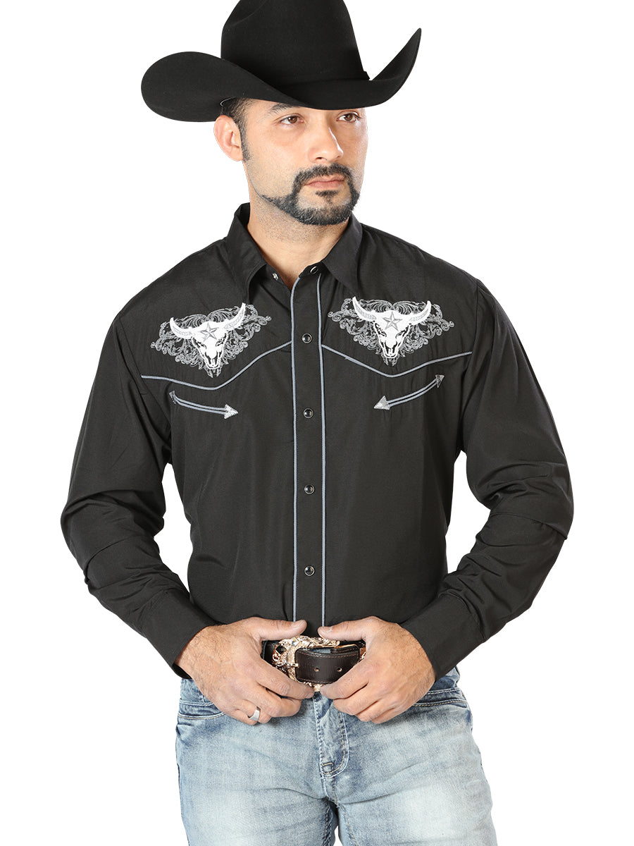 Black Long Sleeve Embroidered Denim Shirt for Men 'El Señor de los Cielos' - ID: 126676 Western Shirt El Señor de los Cielos Black