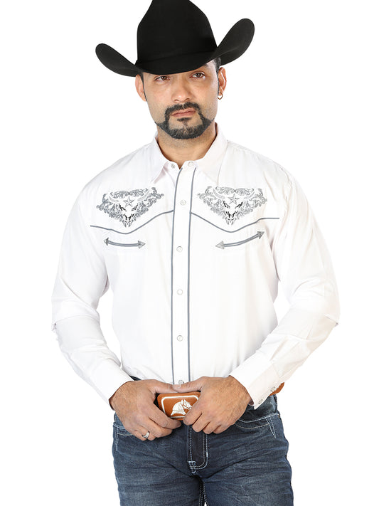 White Long Sleeve Embroidered Denim Shirt for Men 'El Señor de los Cielos' - ID: 126677 Western Shirt El Señor de los Cielos White