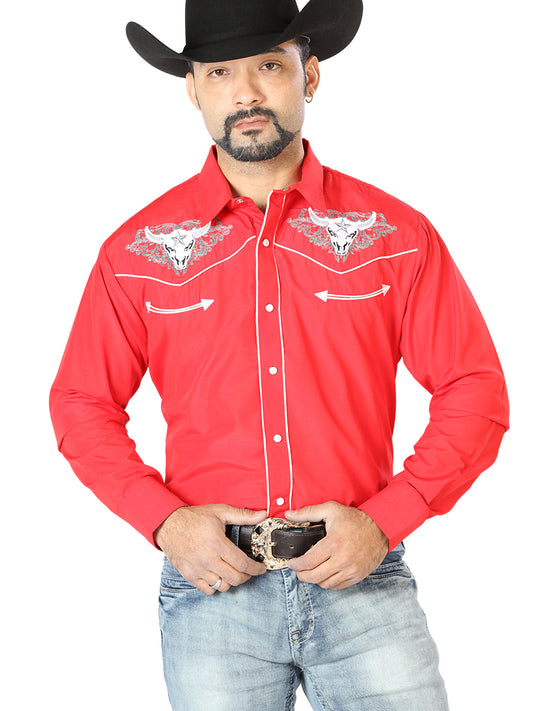 Red Long Sleeve Embroidered Denim Shirt for Men 'El Señor de los Cielos' - ID: 126678 Western Shirt El Señor de los Cielos Red