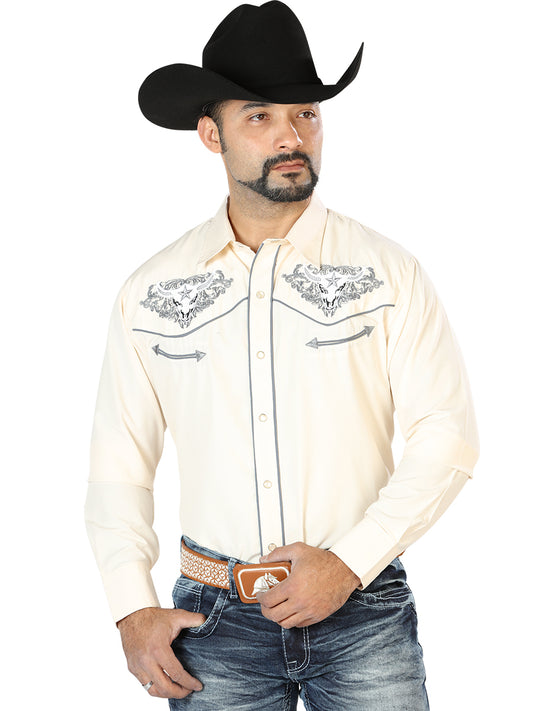 Beige Long Sleeve Embroidered Denim Shirt for Men 'The Lord of the Skies' - ID: 126679